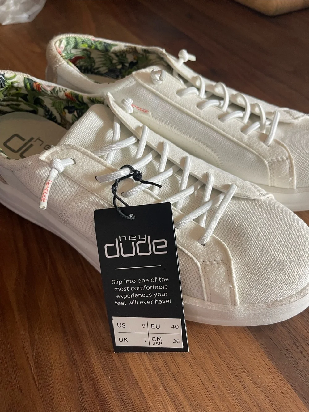 Hey Dude Women’s White Canvas Sneakers with Tropical Lining
